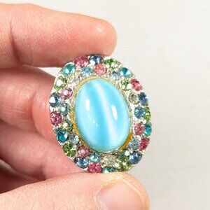Vintage oval baby Blue Moonstone Catseye Pastel rhinestone brooch